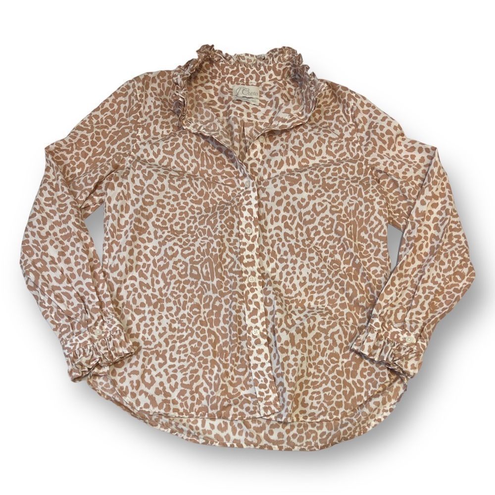 J. Crew Beige and White Leopard Print Ruffled Collar Button-Up Top